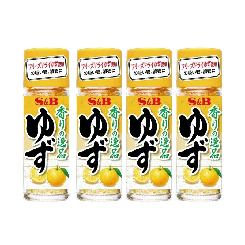 S & B fragrant yuzu made from Japanese citrus, in a dry grocery packaging, showcasing the vibrant yellow yuzu fruit.