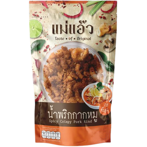 Mae Aew Spicy Crispy Pork and Tomyum grocery product with crispy pork pieces and flavorful Tomyum seasoning in a package