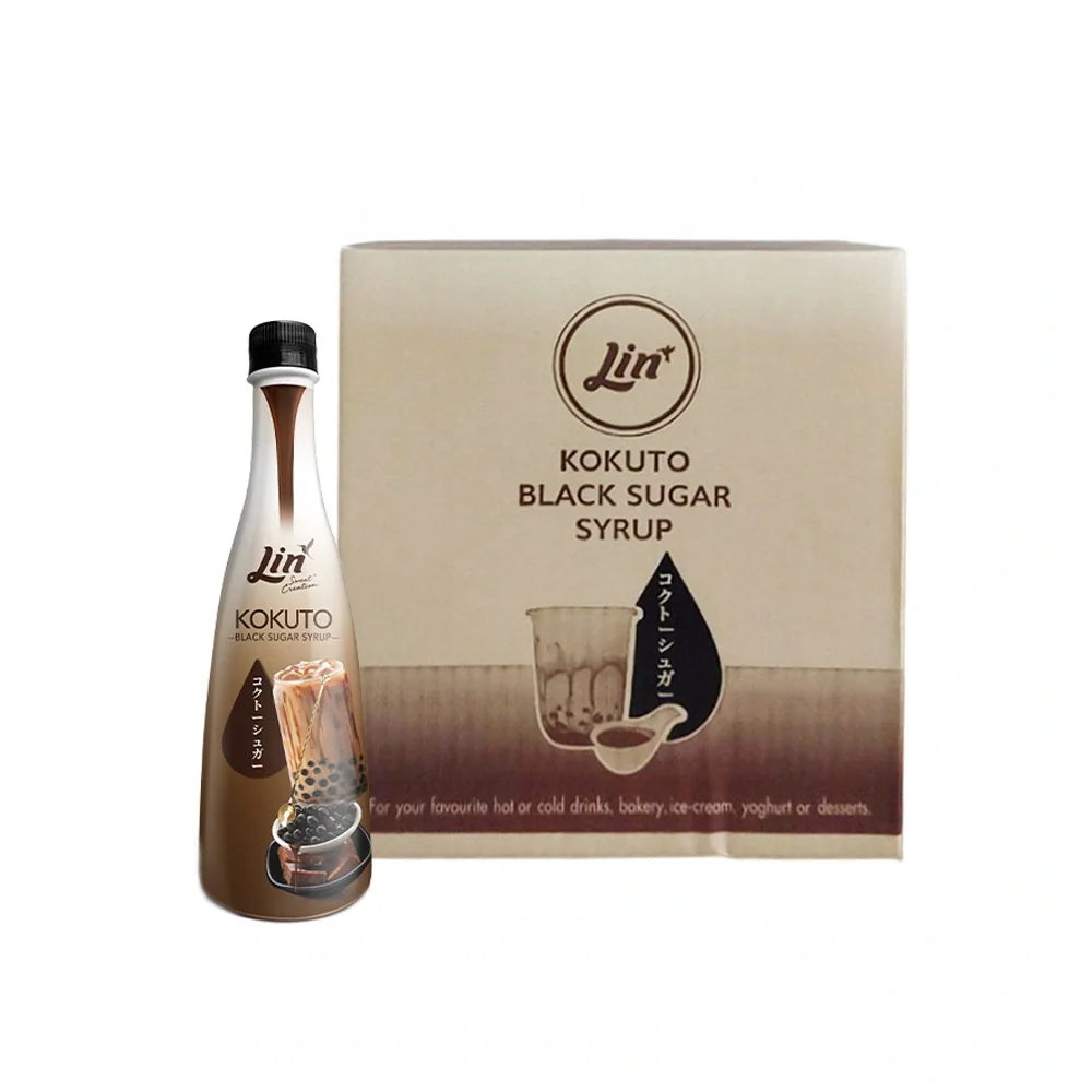 Lin Syrup Kokuto Scent in a clear bottle, showcasing its rich, dark color, ideal for dry grocery use and flavor enhancement.