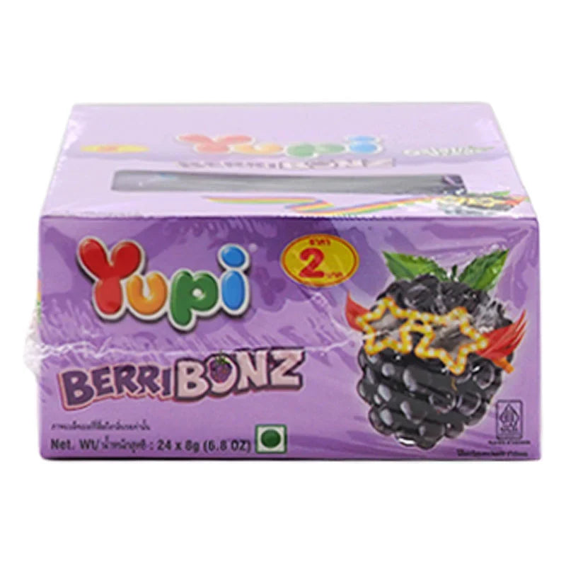 Yupi Berribonz Blackberry 8g snack bag showing colorful gummy candies with blackberry flavor from Yupi in a clear package.