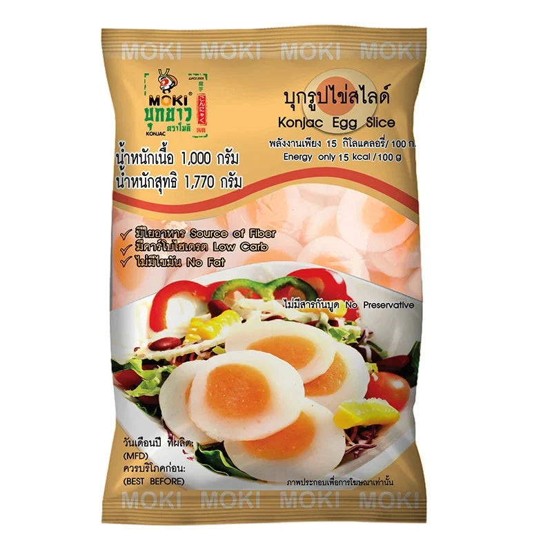 Moki Konjac Egg Slice 1kg in dry grocery packaging, showing the sliced konjac product with a textured appearance.