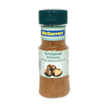 Mcgarrett Ground Nutmeg 50g in a clear spice jar, showcasing the dry grocery product with a label and nutmeg powder inside.