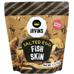 Irvins Fish Skin Salted Egg confectionery snack showing crispy fish skin coated with salted egg flavor in a close-up view.
