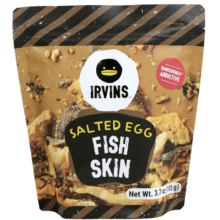 Irvins Fish Skin Salted Egg confectionery snack showing crispy fish skin coated with salted egg flavor in a close-up view.