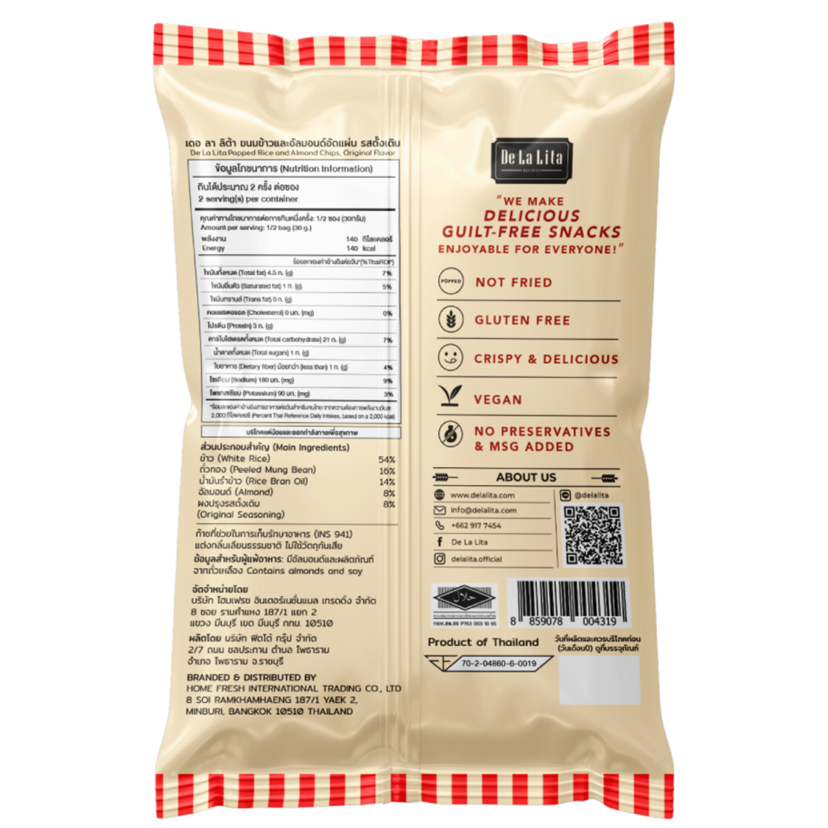 De La Lita Almond and Rice Chips Original in a bowl, showing crispy snack with almond and rice ingredients.