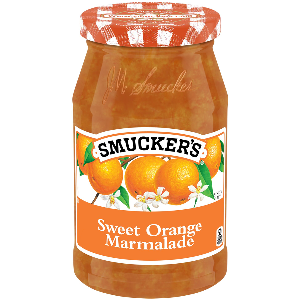 Jar of Smucker's Orange Marmalade jam with orange slices visible, showcasing the vibrant, citrus-flavored preserves.