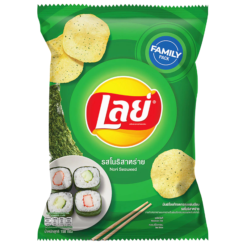 Lay's Classic Nori Seaweed Family Pack of confectionery snacks with crispy seaweed flavor in colorful packaging.