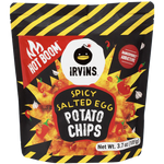 Irvins Hot Boom Salted Egg Potato Chips in a bag, showcasing crispy snack with salted egg flavor from Irvins confectionery snacks.