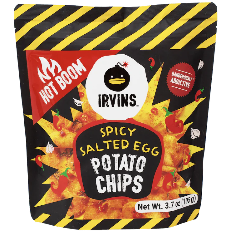 Irvins Hot Boom Salted Egg Potato Chips in a bag, showcasing crispy snack with salted egg flavor from Irvins confectionery snacks.