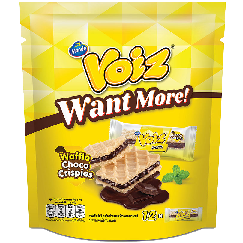 Voiz waffle snack filled with chocolate-flavored cream and topped with rice crispy bits, a sweet confectionery treat.