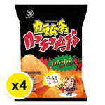 Karamucho Hot Chili Potato Chips, flat cut snack pack, 40g x4, crispy spicy snack from KARAMUCHO in a colorful bag.