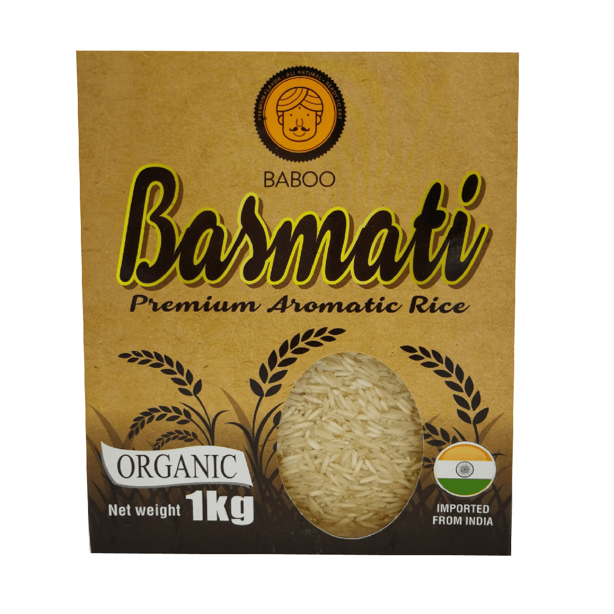 Bag of Baboo Basmati Rice, healthy grocery staple with long, fragrant grains, ideal for flavorful Indian and Asian dishes.