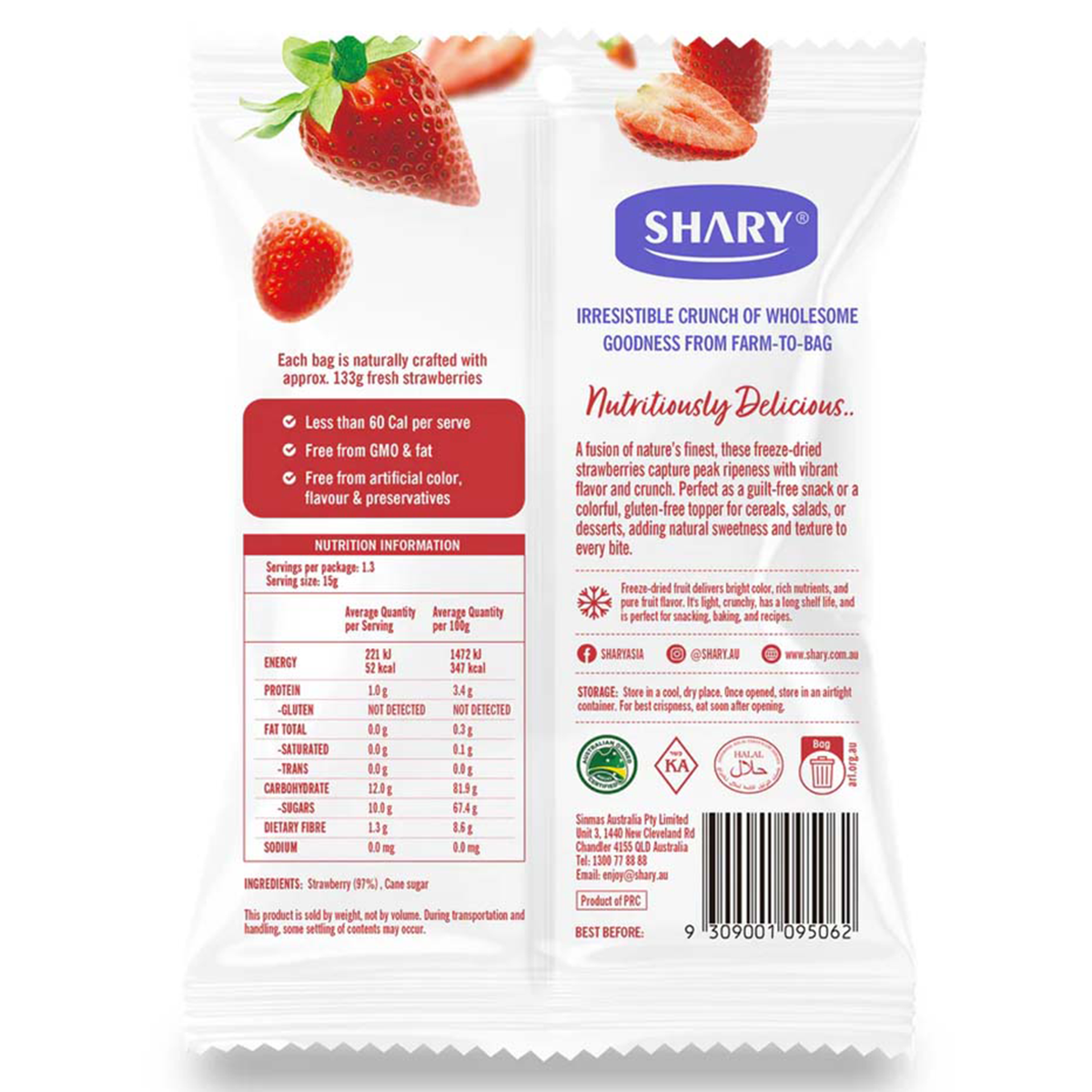 Shary Crisps Strawberry confectionery snacks in colorful packaging, featuring strawberry-flavored chewy candy pieces.