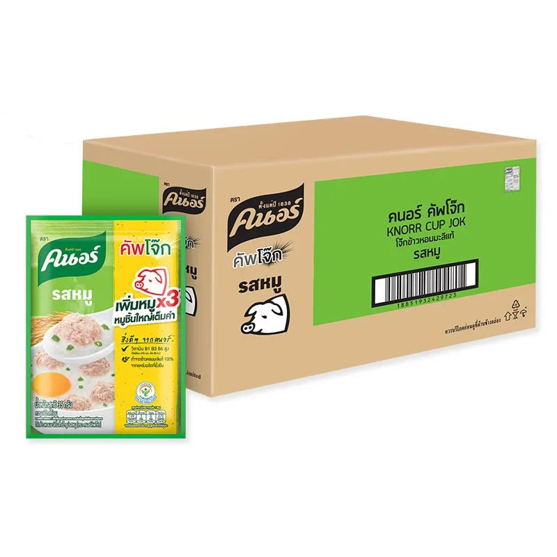 Knorr Jok Instant Porridge Pork packs, 35g each, shown in a box with 12 packs for dry grocery shopping.