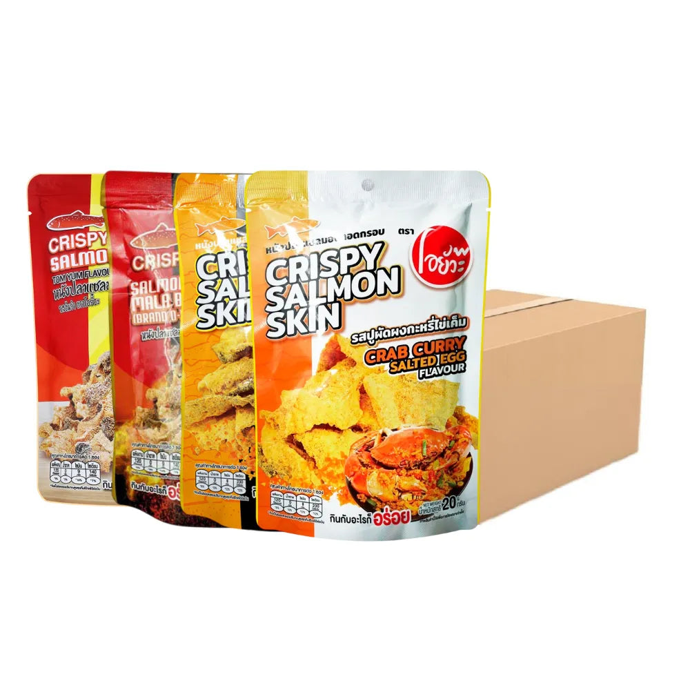 O-YUA Crispy Salmon Skin Snacks, assorted 20g box, showing crispy, golden salmon skin pieces in a snack packaging