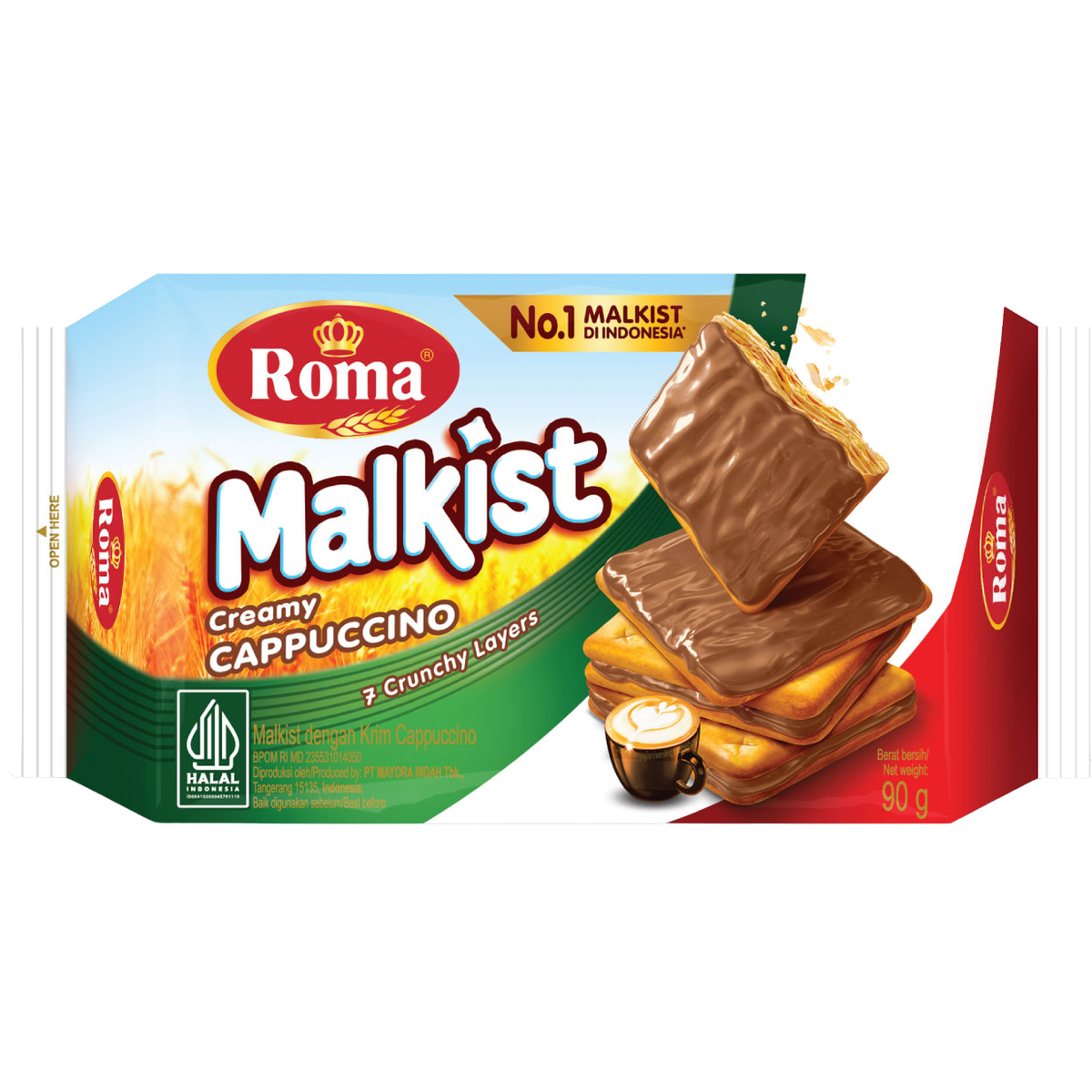 Malkist Cappuccino confectionery snack with crispy biscuits and coffee-flavored coating in a bright packaging.