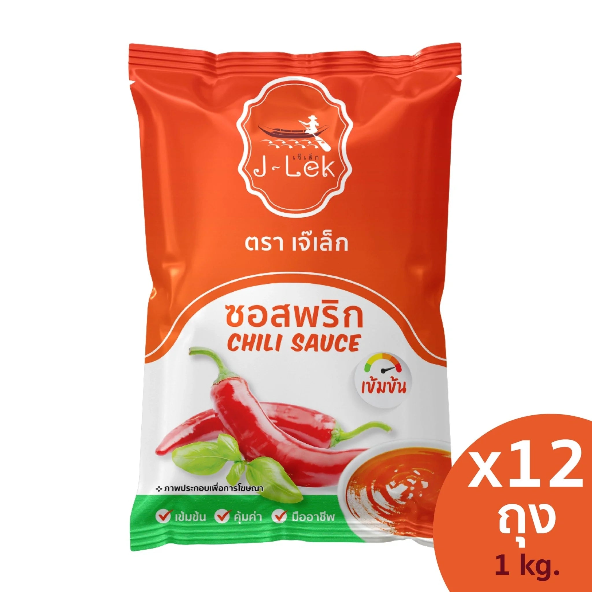 J-lek Chili Sauce 1kg bottle, spicy dry grocery condiment with vibrant red chili peppers and label, ideal for cooking and adding heat