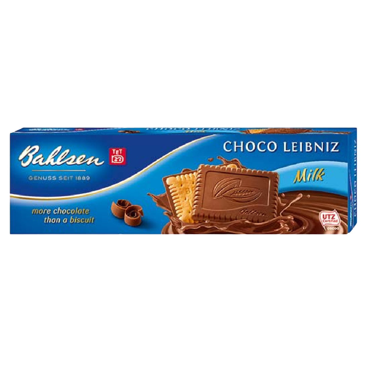 Bahlsen Leibniz Choco Milk confectionery snacks featuring chocolate-coated biscuits on a white background.