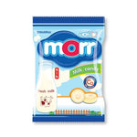 MORR Calcium Added Milk Candy 94.5g, a dry grocery snack with creamy milk flavor and colorful candy pieces in a sealed package.