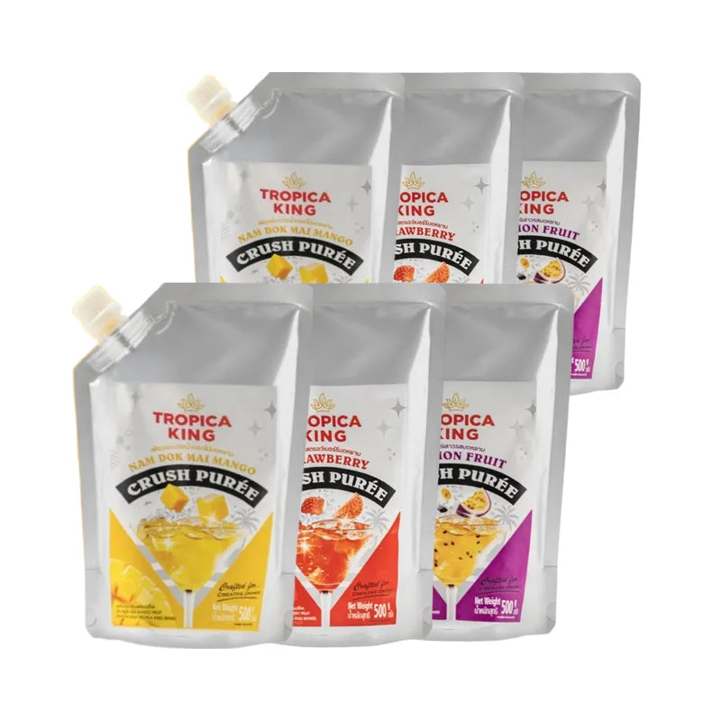 TROPICA KING coarsely pureed fruit puree in a concentrated formula, ideal for dry grocery use, shown in a clear container.