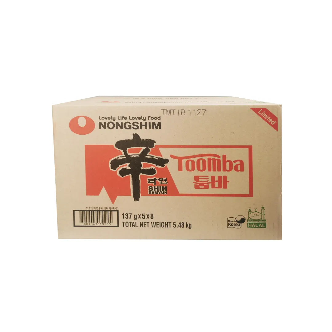 Nongshim Toomba Shin Ramyun stir-fry dry grocery package with colorful noodle dish illustration on a white background.