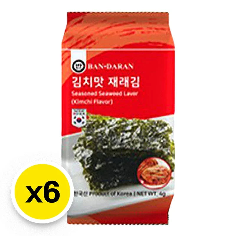 BANDARAN seasoned seaweed kimchi flavor snack in a 4g package, dry grocery product with crispy, seasoned seaweed strips