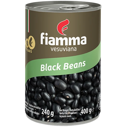 Fiamma Vesuviana Black Beans in a can, showcasing the label and product details for grocery shopping.