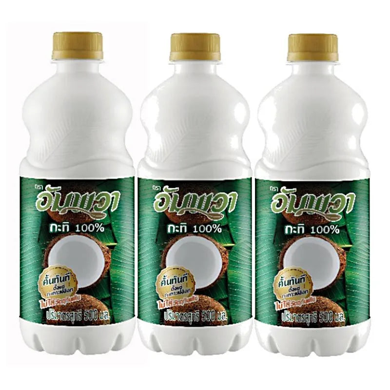 Ampawa Coconut Milk PET bottles, 500ml each, in a pack of three, suitable for cooking and baking in dry grocery shopping.
