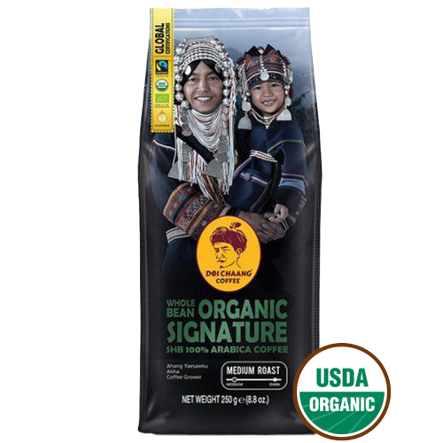 Doi Chaang Whole Bean Organic Signature coffee for healthy drinks, showing fresh coffee beans in a natural setting