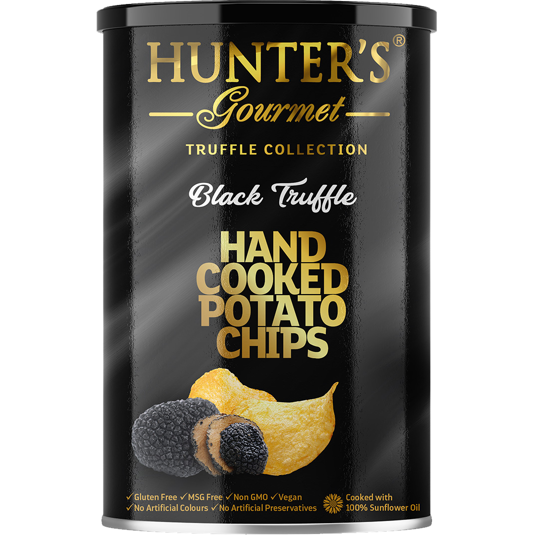 Hunter's Black Truffle Potato Chips, confectionery snack with crispy potato chips flavored with black truffle, shown in the image.