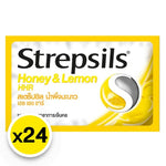 Box of Strepsils Honey Lemon Throat Lozenges in a package of 24, designed to soothe sore throats and freshen breath.