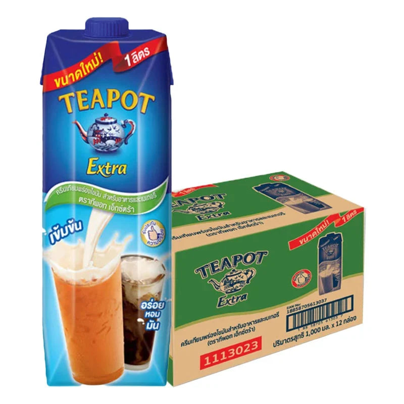 TEAPOT Extra Evaporated Creamer 1L bottle, perfect for coffee and tea, shown in a pack of 12 for dry grocery use.
