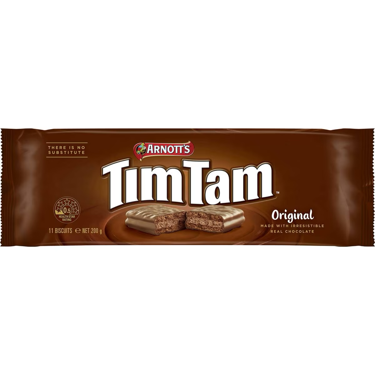 Arnott's Tim Tam Original Chocolate Biscuits, close-up of chocolate-covered biscuits with layered filling, ready to enjoy as a confectionery snack.
