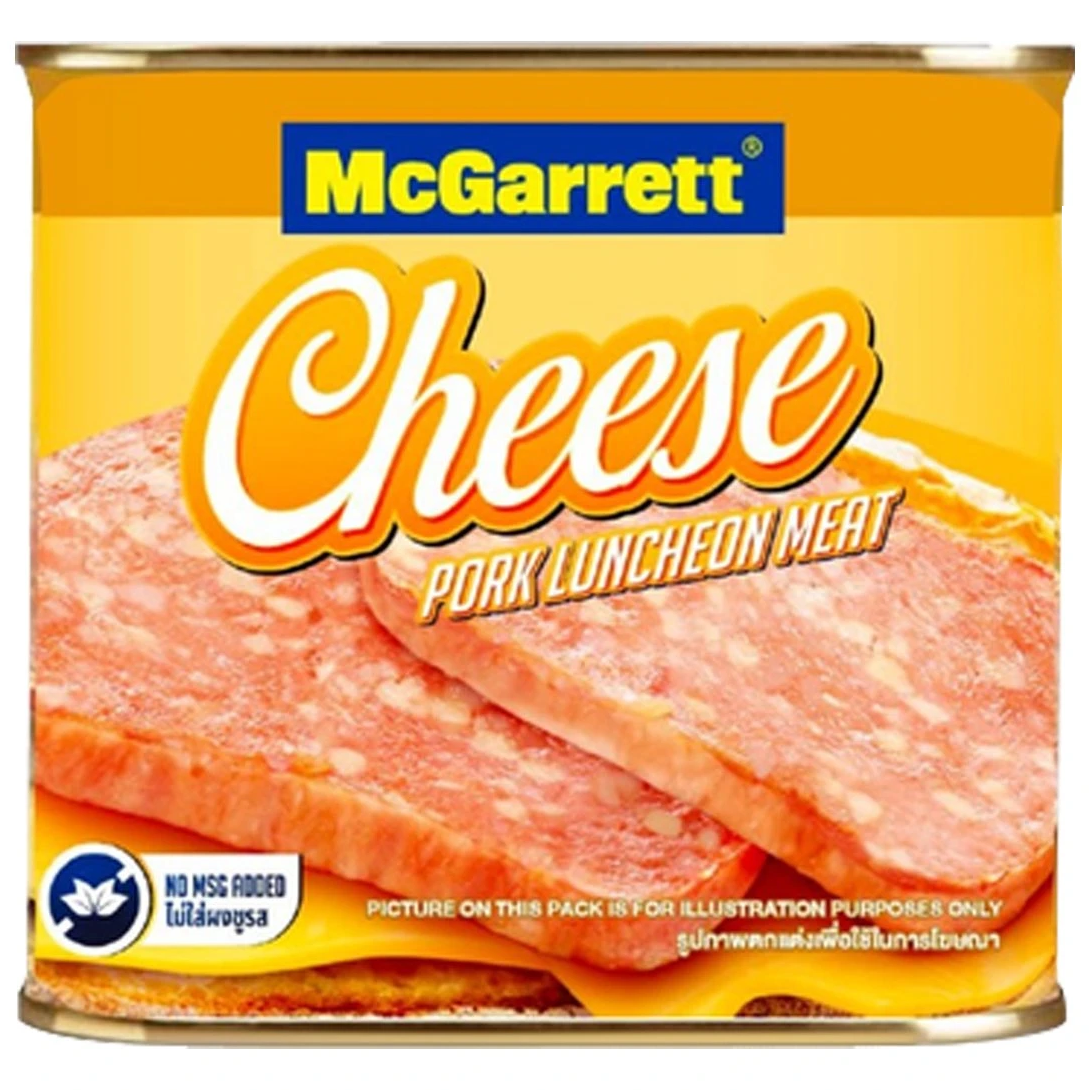 Slices of McGarrett Cheese Pork, a grocery item, showing glazed pork slices topped with melted cheese on a plate.