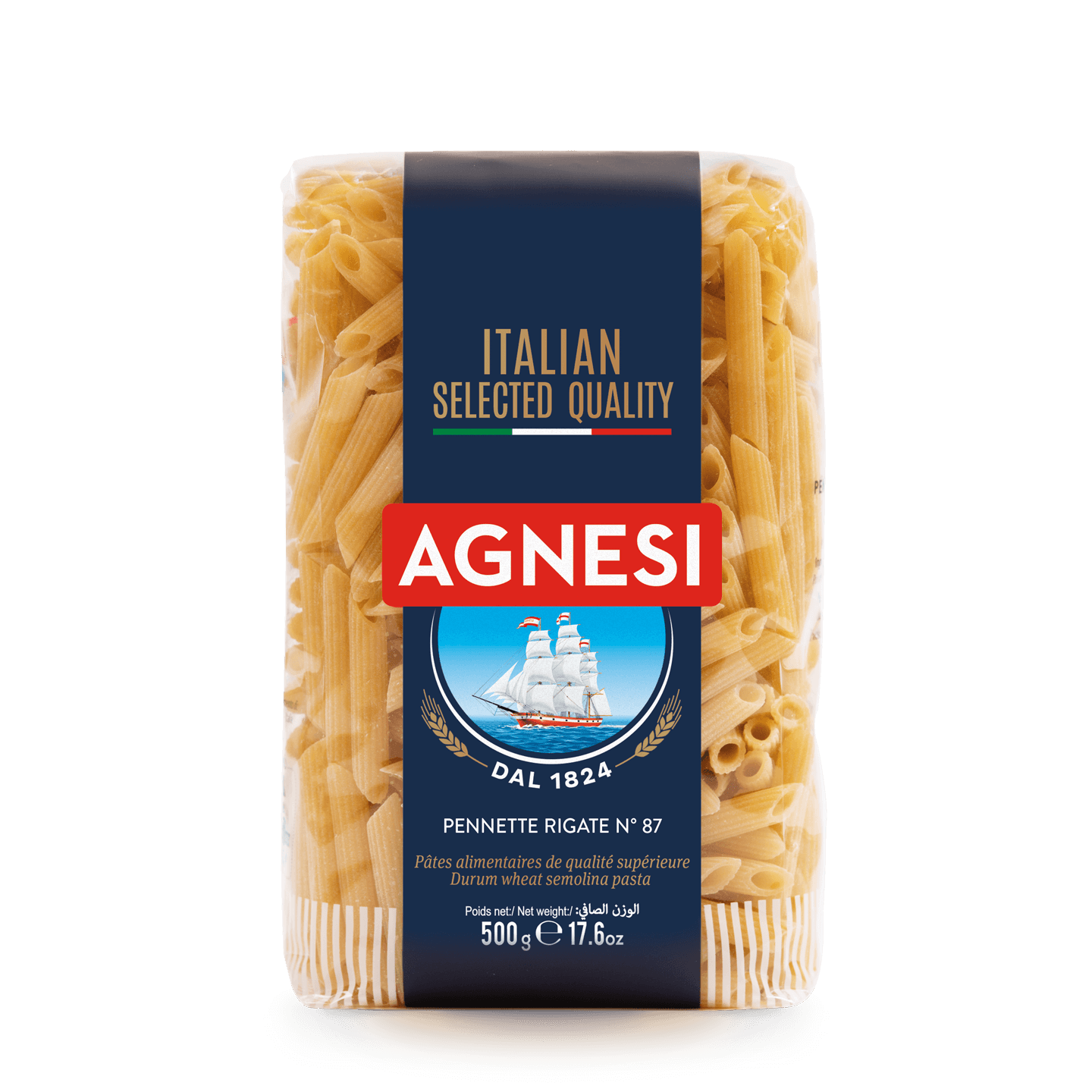Agnesi Pasta #87 in a clear package, showcasing long, thin pasta strands suitable for various Italian dishes.