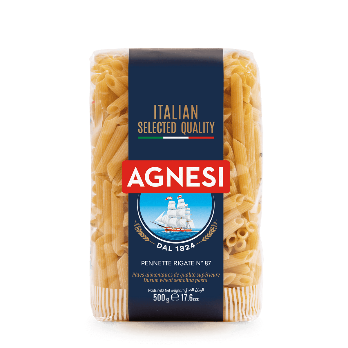Agnesi Pasta #87 in a clear package, showcasing long, thin pasta strands suitable for various Italian dishes.