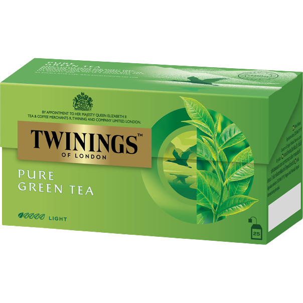 A cup of brewed Twinings Green Tea in a clear glass mug, showcasing the light green color of the tea.