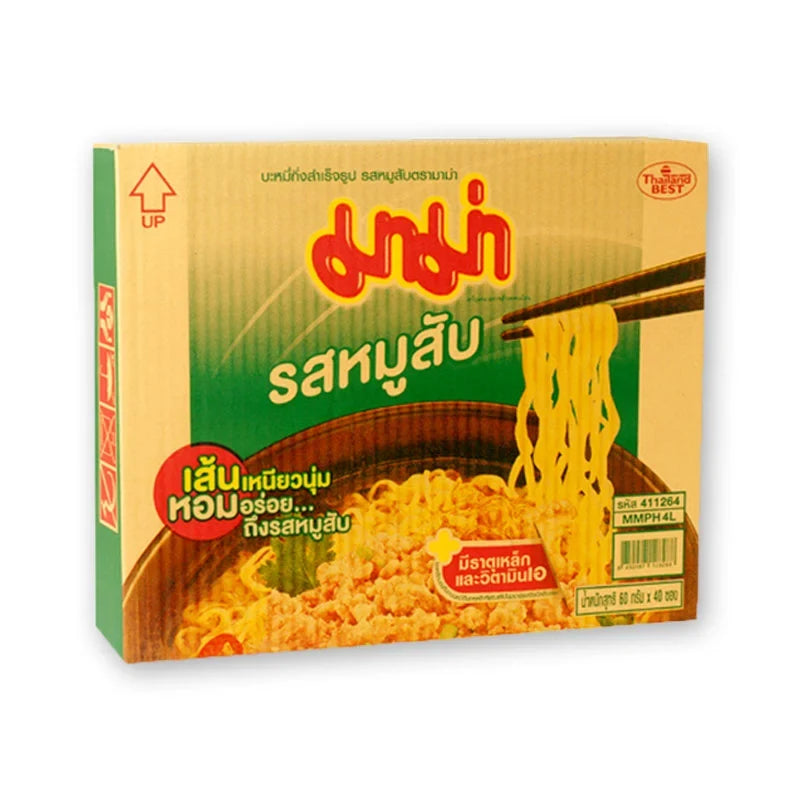 Pack of Mama Instant Noodles Minced Pork flavor, 60g x 40, dry grocery product with cooked noodles and minced pork in a bowl.