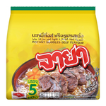 Jaya Instant Noodles Beef Flavor package showing cooked noodles and beef seasoning on a plate.