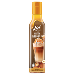 Lin Nutty Caramel Syrup bottle with caramel-colored liquid and label, ideal for adding flavor to desserts and beverages.