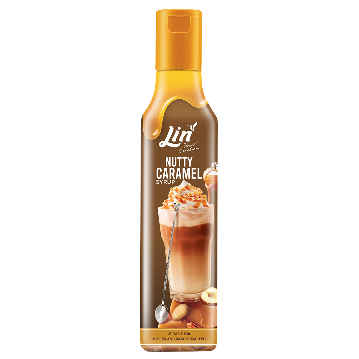 Lin Nutty Caramel Syrup bottle with caramel-colored liquid and label, ideal for adding flavor to desserts and beverages.