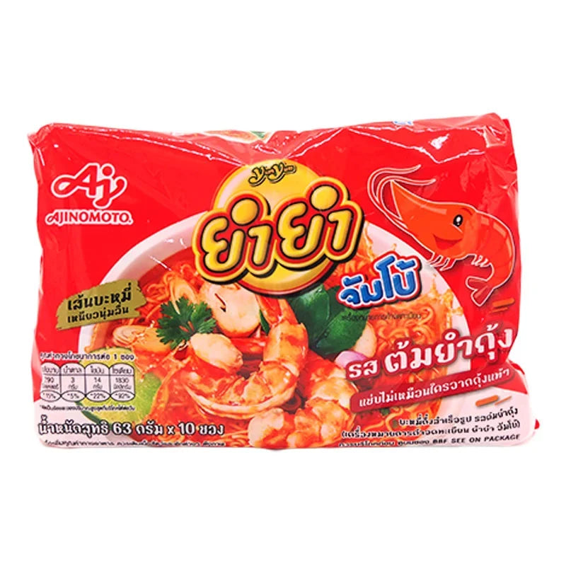 YUMYUM Jumbo Tom Yum Kung Flavour instant noodle pack, 63g x10, dry grocery product with vibrant packaging and noodles inside