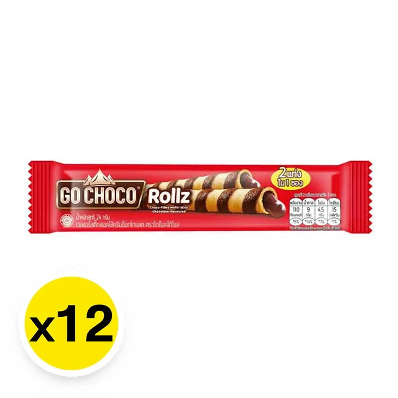 GO Choco Rollz Twin 24g snack pack, chocolate-filled biscuit rolls from GO CHOCO, displayed in a close-up image.