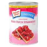 Cans of Comstock Strawberry Pie Filling for baking, featuring bright red strawberry fruit in glass jars with labels.