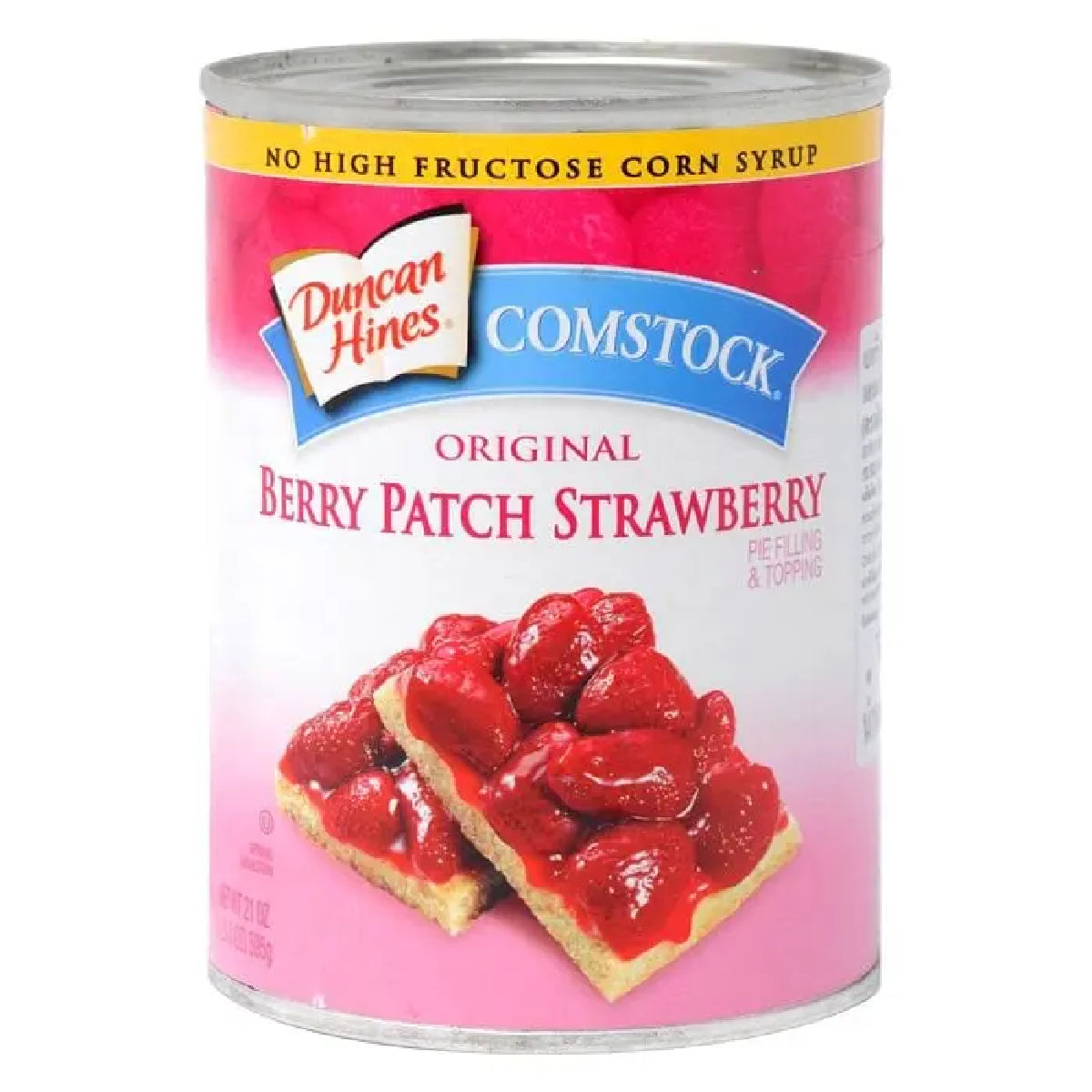 Cans of Comstock Strawberry Pie Filling for baking, featuring bright red strawberry fruit in glass jars with labels.