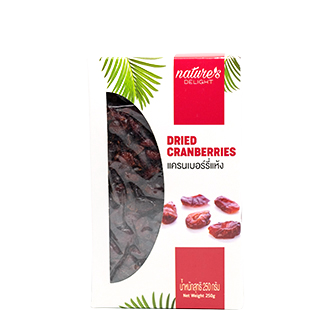 Dried cranberries from Nature's Delight, a natural confectionery snack with vibrant red, chewy dried berries on a white background.