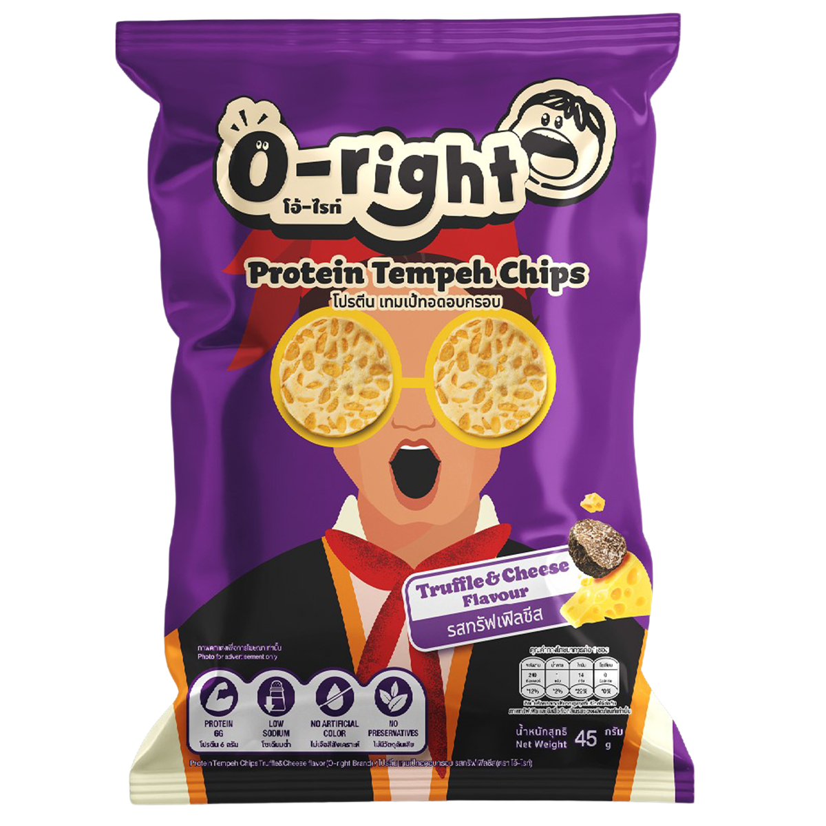 O-Right Protein Tempeh Chips with Truffle Cheese flavor, showing crispy snack pieces with truffle cheese coating.