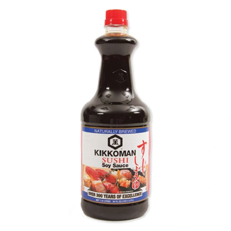 Kikkoman Sushi Soy Sauce 1.6L bottle for Japanese cuisine, with a dark soy sauce visible in a clear plastic bottle.
