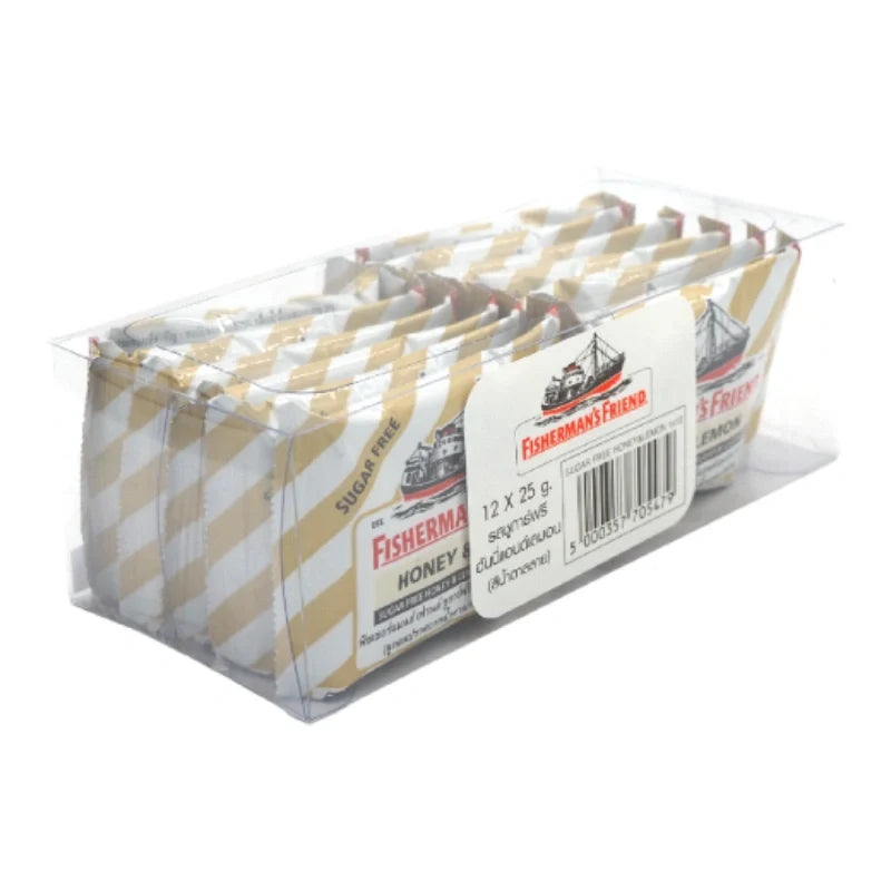 Fisherman's Friend Honey Lemon Lozenges in a pack of 12, dry grocery snacks with honey and lemon flavor, by Fisherman's Friend.