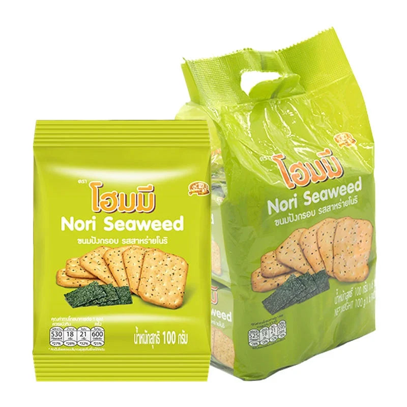Homey Cracker Nori Seaweed snack packs, 100g x6, featuring crispy seaweed crackers in colorful packaging for dry grocery snack options.